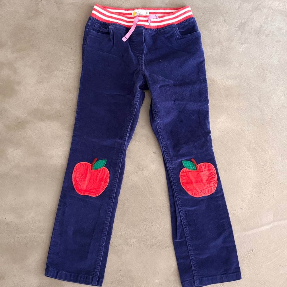 Adorable Mini Boden Apple Appliqué Patch Blue Corduroy Pants Girls Size 9